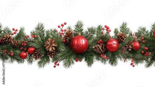 photo of a horizontal christmas garland crafted from fir branches pinecones vibrant red berries and shiny red ornaments isolated on white isolated on transparent background