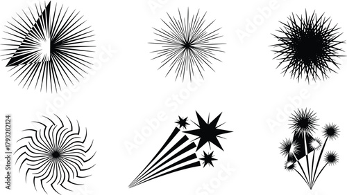 Abstract starburst explosion vector set with dynamic shapes, radial lines, geometric bursts, modern graphic elements