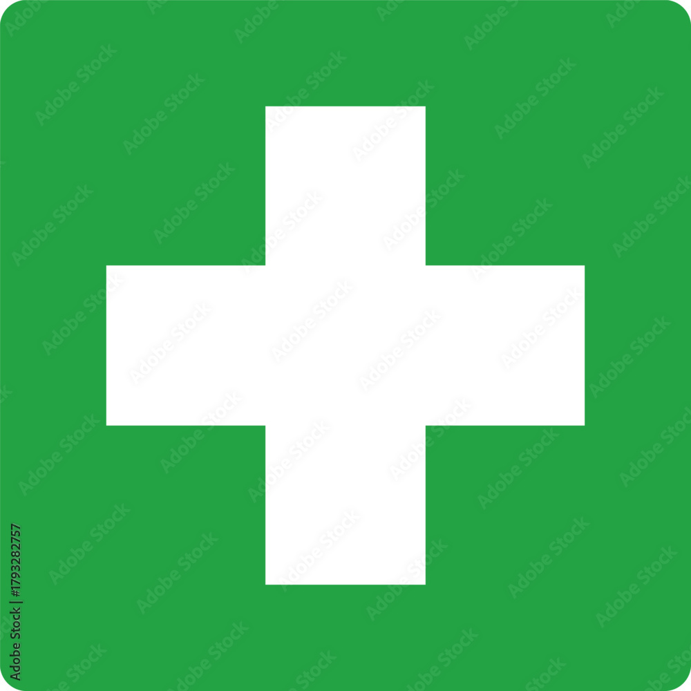 Obraz premium first aid symbol white cross on green background medical safety sign vector icon