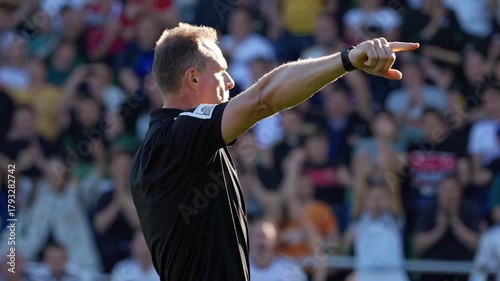 white male referee pointing during match, sunlit stadium, packed stands, extended arm signal, authoritative