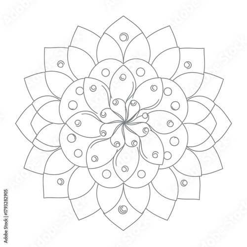 Intricate symmetrical mandala pattern with detailed floral elements and abstract geometric design, perfect for relaxation, meditation, adult coloring books, and spiritual art projects.