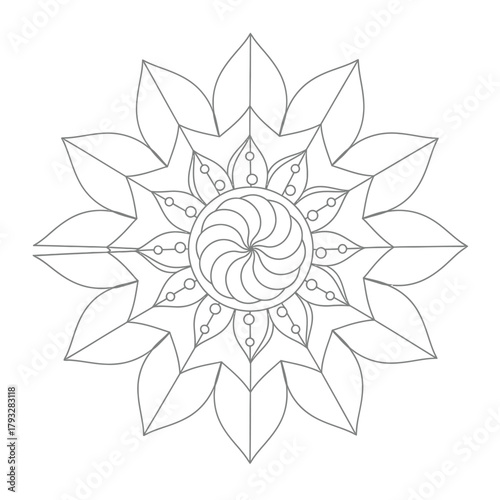 Symmetrical black outline mandala floral pattern illustration, ideal for coloring books, relaxation, meditation, decorative art, intricate spiritual design.