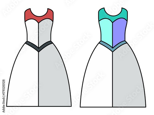 Two elegant ball gowns displayed side by side against a black background one in white and grey with a red neckline the other in white and grey with a turquoise and purple bodice
