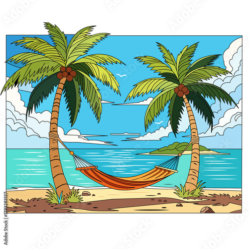 Idyllic tropical beach scene featuring two vibrant palm trees with coconuts an inviting orange hammock strung between them and a calm turquoise ocean under a bright blue sky with fluffy clouds and dis