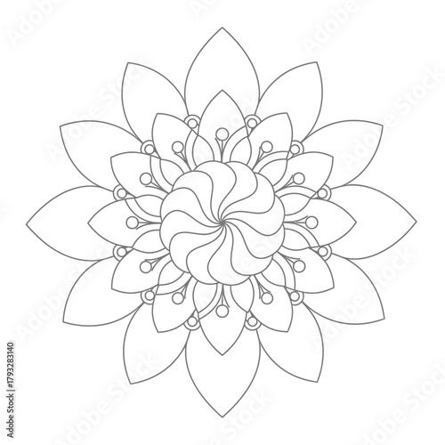 A detailed line art drawing of a symmetrical floral mandala pattern, ideal for meditation, relaxation, and intricate adult coloring books, showcasing a harmonious and elaborate design.