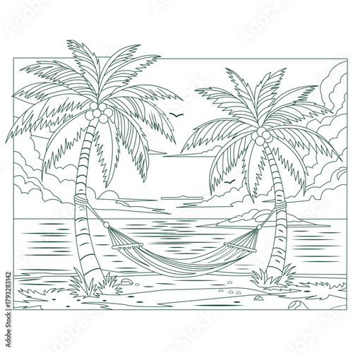 Serene tropical beach scene with two palm trees a hammock strung between them and calm ocean waters under a cloudy sky