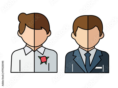 Two figures split down the middle one dressed in a wedding suit with a boutonniere the other in a business suit representing duality and contrasting roles