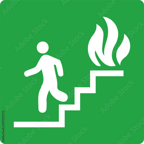 Emergency fire escape sign: person running up stairs away from fire evacuation symbol