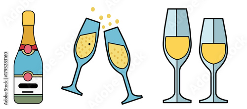 A celebratory illustration featuring a bottle of champagne and two pairs of champagne glasses one pair clinking together with bubbles and the other standing side by side