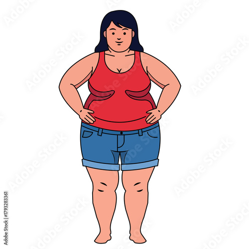 A stylized illustration of a plus size woman standing confidently with her hands on her hips wearing a red tank top and blue denim shorts against a black background