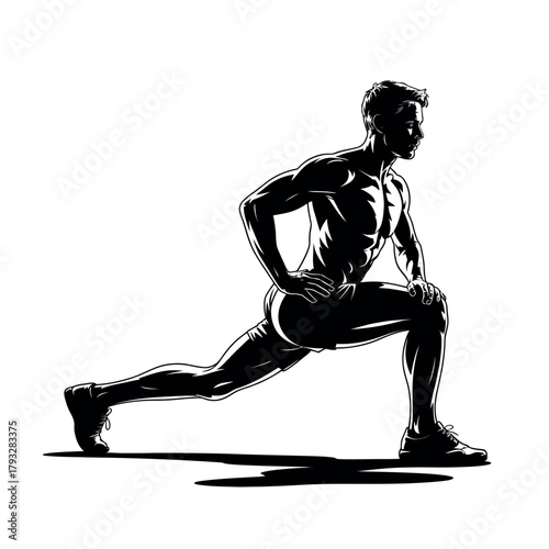 Man performing a lunge stretch, emphasizing fitness and athletic training.