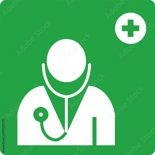simple icon of doctor or physician with stethoscope and medical cross symbol on green background
