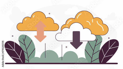 Cloud Storage Upload Download with Arrows,  vector illustration of data transfer between devices, modern technology and cloud service concept