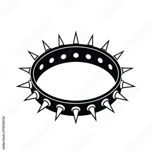 Spiked collar in black color, featuring numerous sharp conical studs evenly distributed around its circumference, creating a bold, edgy, and rebellious aesthetic on a clean background.