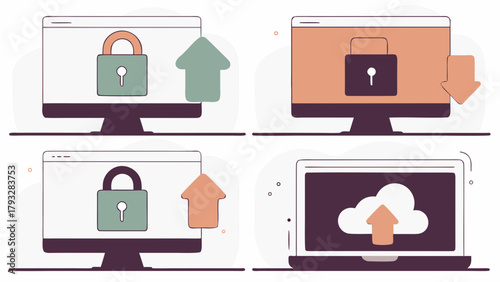 Data privacy and security concept, illustration of secured data upload and download, cloud storage with computer security, vector style design
