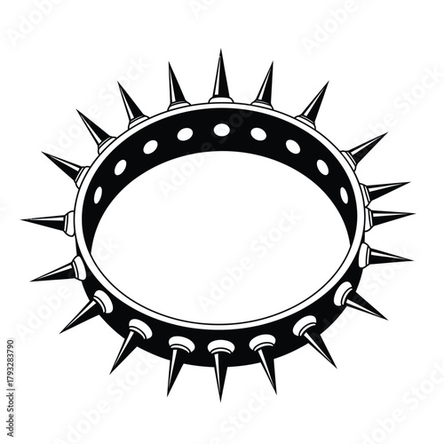 Spiked collar vector illustration, fierce metal studs encircling a bold band, symbolizing rebellion, punk culture, pet accessories, danger, and strong fashion statements, isolated on white background