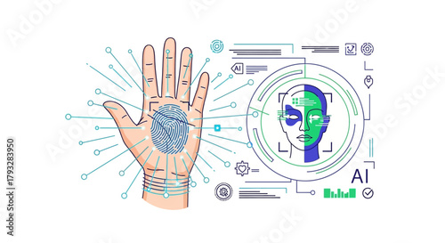 Biometric Identification Technology Palm Scan and Face Recognition AI.