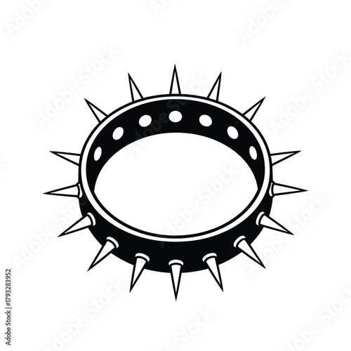 Spiked collar for dogs or punk fashion accessory, an edgy black and white graphic icon illustration representing rebellion, power, and protection, suitable for various design projects and themes