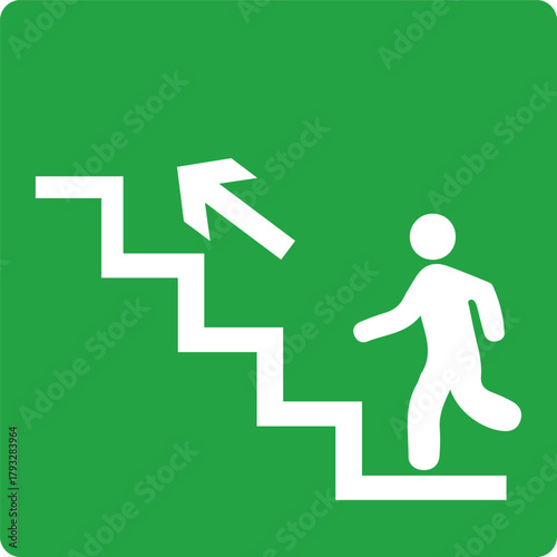 emergency exit sign showing person running up stairs and diagonally upward arrow