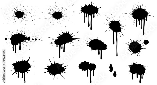 Black Ink Splatters and Drips on White Background.