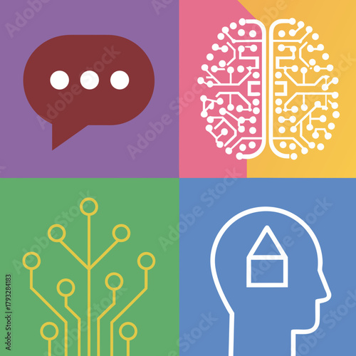 Artificial Intelligence, Digital Brain and Thinking Concept Vector Illustration. Chatbot, Innovation & Smart Home Automation Design