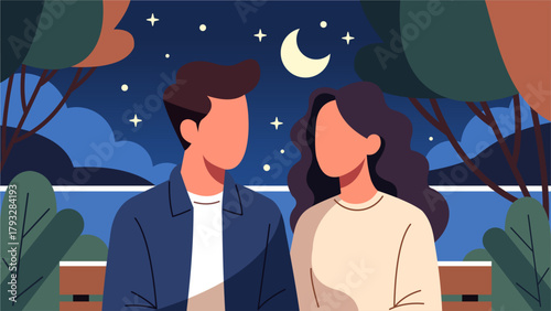 Romantic Couple Sitting Under the Moonlight in Flat Design Illustration