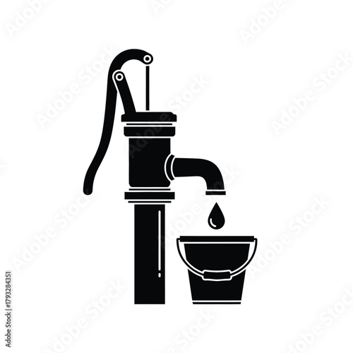 Silhouette icon of a traditional manual water pump with a single drop of water falling into a bucket, symbolizing essential resources, old-fashioned water extraction, and sustainable living.