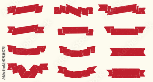 Collection of distressed red banners and ribbons in various shapes and styles, isolated on a cream background