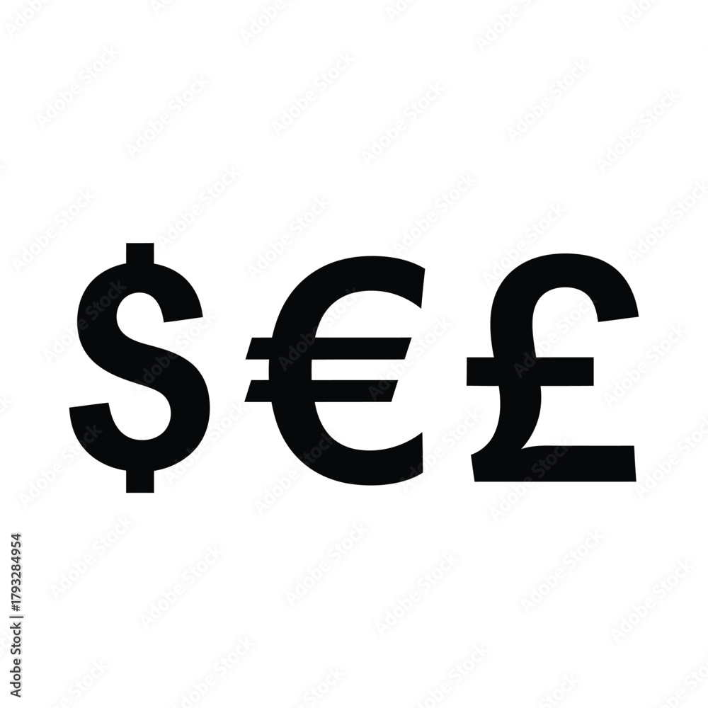 Fototapeta premium Black dollar, euro, and pound sterling currency symbols on a clean white background, signifying global finance, international trade, economic exchange, wealth, investment, banking, and monetary.
