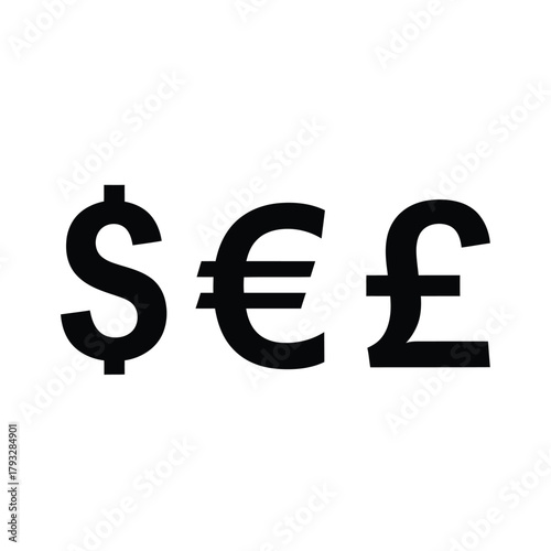 Global financial market currency symbols, including the american dollar, european euro, and british pound sterling, representing international economics, banking, and wealth transactions.