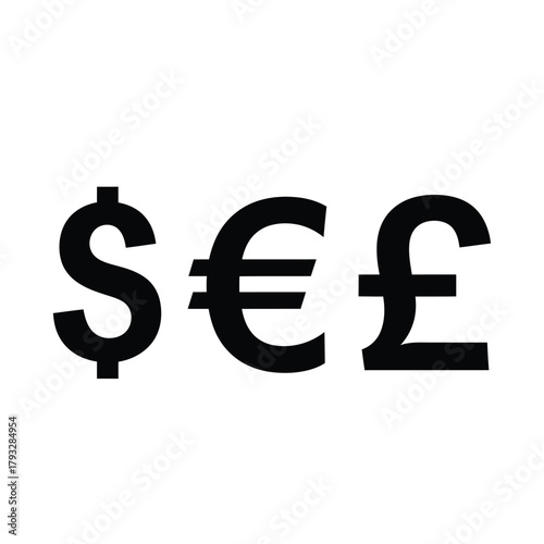 Black dollar, euro, and pound sterling currency symbols on a clean white background, signifying global finance, international trade, economic exchange, wealth, investment, banking, and monetary.