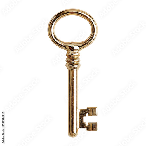 Shiny golden key with a circular head centered isolated on transparent White background png