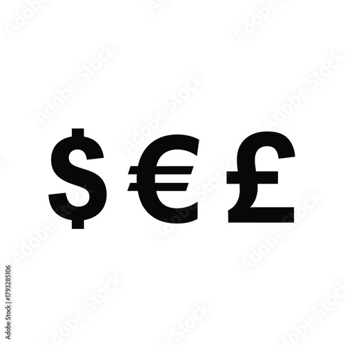 Dollar, euro, and pound sterling currency symbols in black, representing global finance, international trade, economic exchange, investment, banking, and wealth management concepts.