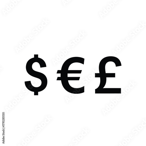 Dollar, euro, and pound sterling currency symbols representing global finance, international trade, investment, economy, and monetary exchange in bold black on a clean white background isolated