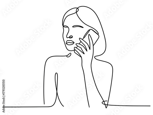 Woman's face in continuous line drawing talking on a mobile phone with thoughtful expression