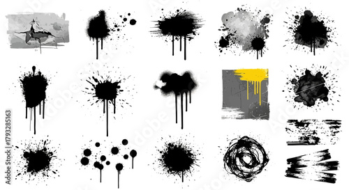 Collection of various black ink splatters and paint drips creating abstract and grunge textures on a white background ideal for graphic design elements.