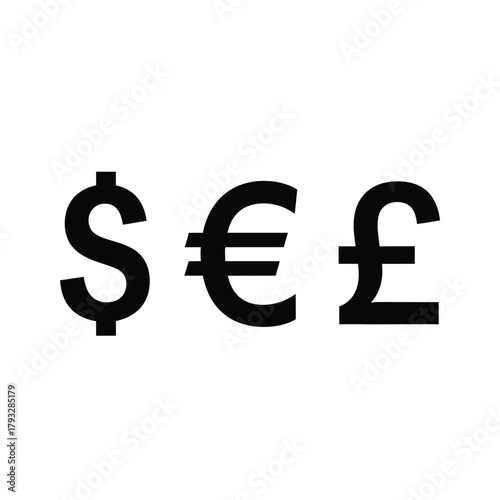 Dollar euro pound sterling currency symbols illustration representing global financial markets, international trade, investment, economy, wealth, banking, and money transactions.