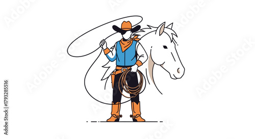 Cowboy with Lasso and Horse Illustration.