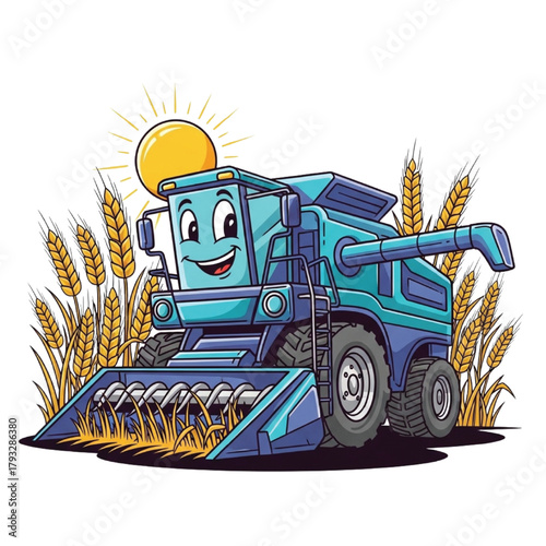 Joyful cartoon combine harvester cheerfully harvesting golden wheat under bright sunny skies, embodying agricultural abundance and happy farming.