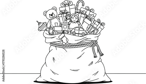 Santa sack toys gifts christmas holiday presents bear doll train car candy abc