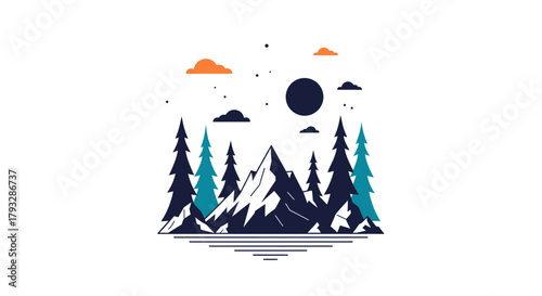 Minimalist Mountain Landscape with Pine Trees and Sun.