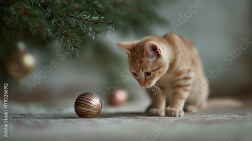 charming cat is gently playing with colorful christmas ornament under beautifully decorated tree