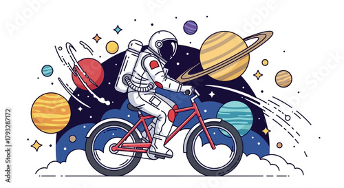 Astronaut Riding Bicycle Through Space Among Planets.