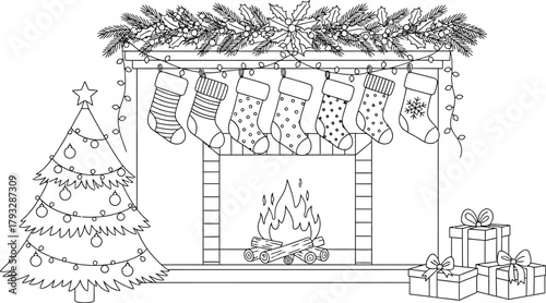 Christmas fireplace stockings tree gifts holiday season celebration winter joy home