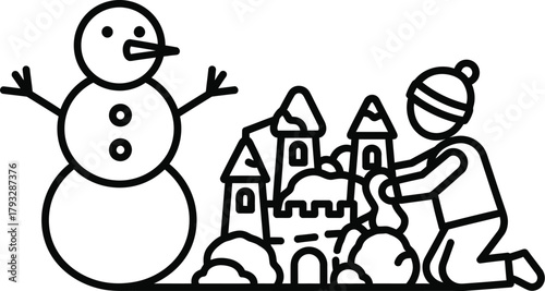 Snowman winter building child snow castle fun holiday season cold activity play