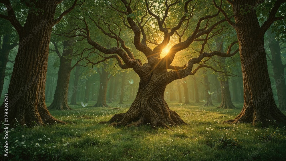 Fototapeta premium A large, ancient tree in a lush forest with sunlight shining through the branches. Nature and wildlife, concept. The beauty of trees and forest ecosystems.