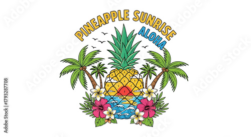 Pineapple Sunrise Aloha Tropical Design with Palm Trees and Flowers.