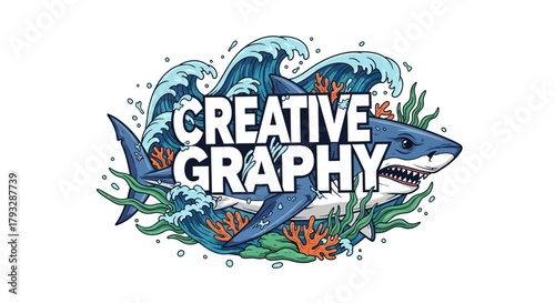 Creative Graphy Shark Illustration with Waves and Coral Reef.