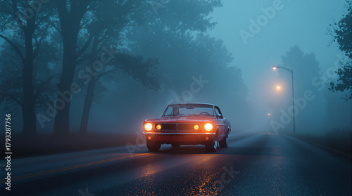 Vintage Red Car in Fog on Road at Dusk with Headlights