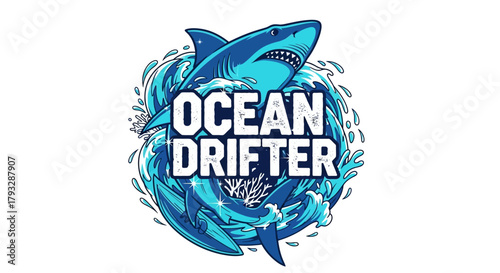 Ocean Drifter Logo with Shark and Waves Illustration.
